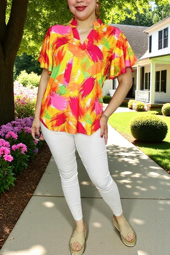 Wholesale women's clothing Yellow & Pink & Red prints & bell short sleeves BQ16028