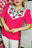 Women's clothing wholesale Flower embroidery fuchsia gauze & puff short sleeve BQ16078