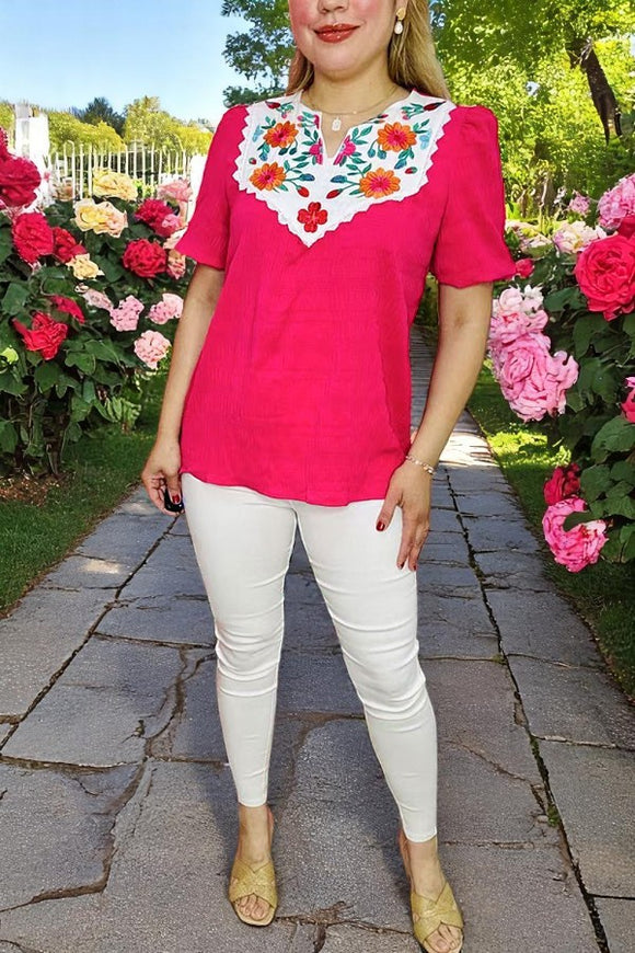 Buy women's top online Flower embroidery fuchsia gauze & puff short sleeve BQ16078