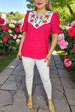Buy women's top online Flower embroidery fuchsia gauze & puff short sleeve BQ16078