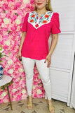 Women's clothing wholesale Flower embroidery fuchsia gauze & puff short sleeve BQ16078