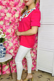 Women's clothing wholesale Flower embroidery fuchsia gauze & puff short sleeve BQ16078