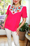 Women's clothing wholesale Flower embroidery fuchsia gauze & puff short sleeve BQ16078