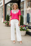 Buy women's top online Flower embroidery fuchsia gauze & puff short sleeve BQ16078
