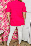 Women's clothing wholesale Flower embroidery fuchsia gauze & puff short sleeve BQ16078