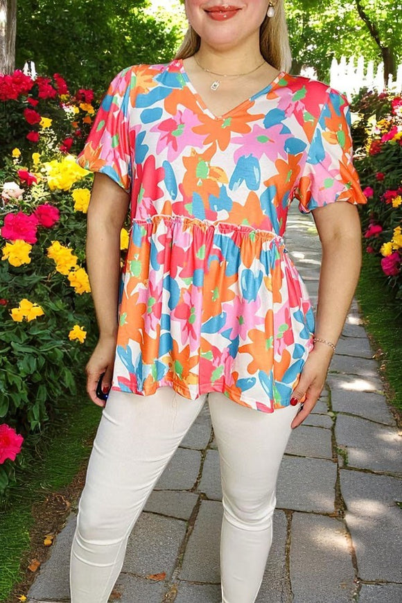 Plus size women's blouse suppliers Floral prints & puff short sleeves top BQ16096