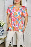 Plus size women's blouse suppliers Multi color floral prints & puff short sleeves BQ16096