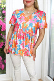 Plus size women's blouse suppliers Multi color floral prints & puff short sleeves BQ16096