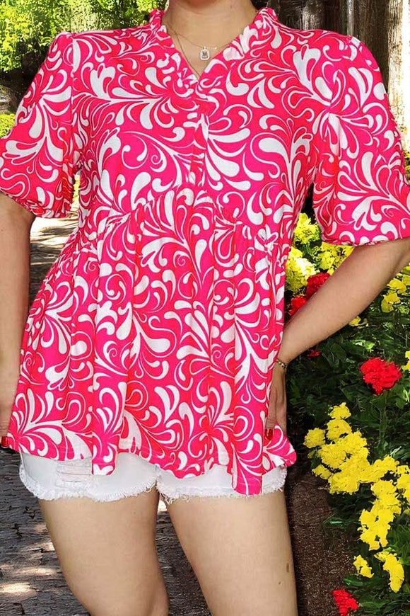 Shop women blouse Fuchsia floral printed blocked short sleeves top BQ16098