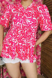 Shop women blouse Fuchsia floral printed blocked short sleeves BQ16098