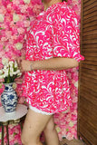Shop women blouse Fuchsia floral printed blocked short sleeves BQ16098
