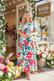 Plus size mint & red floral printed balloon sleeve women maxi dress BQ16099(AS8)