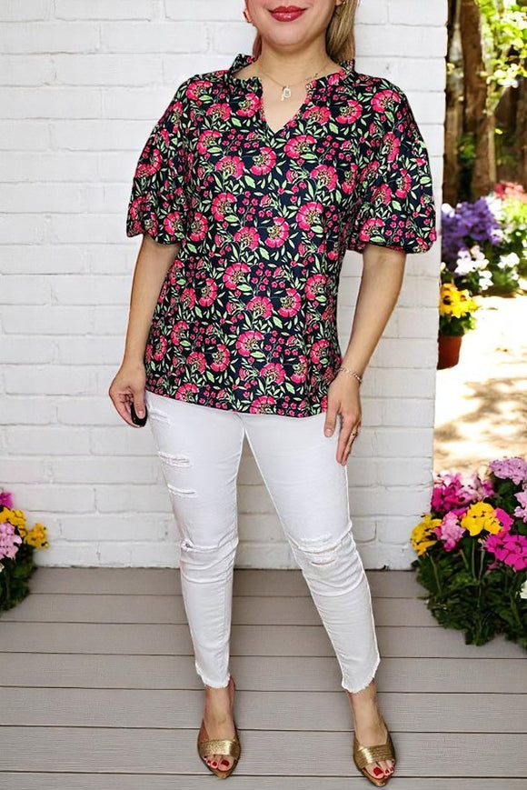 Shop women clothing online Floral printed oversize drop shoulder puff sleeve blouse BQ16142