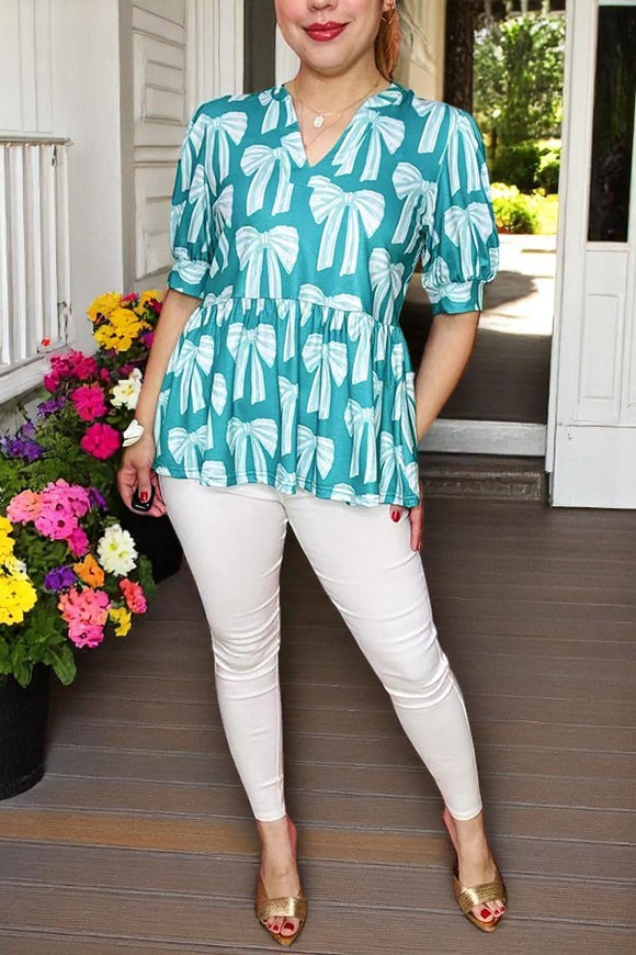 USA Women clothing store Turquoise bow printed baby doll short sleeve top BQ16145