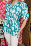USA Women clothing store Turquoise bow printed baby doll short sleeve top BQ16145