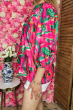 Shop plus size women clothing online Green & fuchsia printed 3/4 sleeve blouse BQ16185
