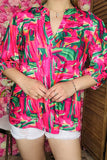 Shop plus size women clothing online Green & fuchsia printed 3/4 sleeve blouse BQ16185