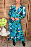 Bule floral twist long sleeve women's boutique dress w/v-neckline BQ16322 (AS1)