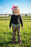 BQ2416 Black long sleeve top leopard bell bottom pant 2pc girls sets (A5S2)