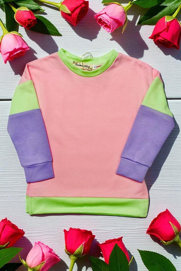 Pink & Lime green & lavender color block long sleeve girls sweatshirt BQ2419 (A7S6)