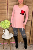 Pink long sleeve w/plaid printed back women tops w/front pocket BQ8142 (ES2)