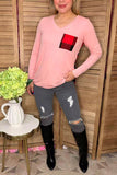 Pink long sleeve w/plaid printed back women tops w/front pocket BQ8142 (ES2)
