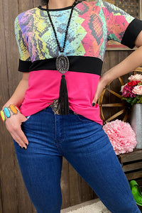 Fuchsia/black snake skin printed short sleeve top BQ9242-1