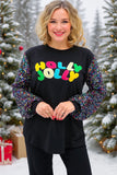 Christmas HOLLY JOLLY embroidery black sequin long sleeve women blouse XCH16572