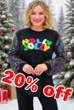 Christmas HOLLY JOLLY embroidery black sequin long sleeve women blouse XCH16572