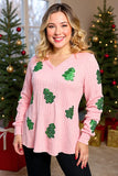 Sequin green christmas tree patch pink long sleeve women top XCH16671