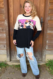 Black & beige & cow printed color block long sleeve women top XCH14263