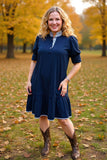 Navy blue short sleeve ruffle hem women dress w/striped XCH16533