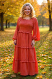 Polka dots rust puff long sleeve maxi women dress XCH16725