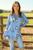 Blue leopard tighten long sleeve loose style women blouse GJQ14724 ES3