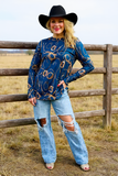 Gold bridle printed navy long sleeve crew women blouse XCH16568 FS8