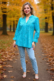 Plus size western teal ruffle edge 3/4 sleeves women blouse GJQ16431(ES8)