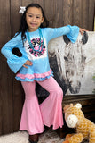 Kids blue & pink cow sunflower printed girls set DLH0913-15
