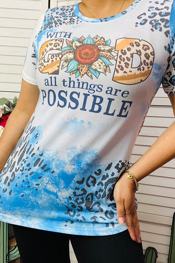 WITH GOD ALL THINGS ARE POSSIBLE Blue leopard printed short sleeve top DLH0923-08