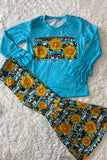 DLH1017-2 Sunflower & Leopard prints ruffle long sleeve top bell bottom girls sets