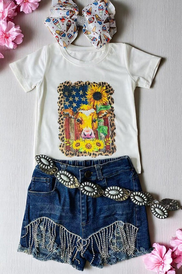 4th July girls top wholesale Cow USA Sunflower printed girls t-shirt DLH0923-32