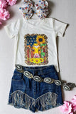 4th July girls top wholesale Cow USA Sunflower printed girls t-shirt DLH0923-32