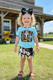Western cow &sunflower blue t-shirt w/cow shorts girls boutique set DLH0923-37 (A5S7)