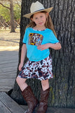 DLH0923-37 Cross printed blue t-shirt w/cow shorts set