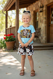 Western cow &sunflower blue t-shirt w/cow shorts girls boutique set DLH0923-37 (A5S7)