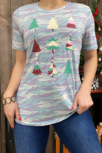 DLH10291 Camo top w/multi pattern Christmas trees