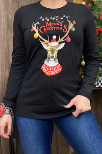 DLH10321-1 Black long sleeve merry Christmas reindeer w/ornaments t-shirt