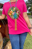 Western fuchsia leopard cactus short sleeve women's boutique top DLH10323 (IS8)