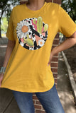 DLH10487 Mustrad Yellow cow peace sign & cactus sunflower printed short sleeve women t-shirt IS19