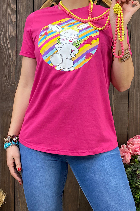 Fuchsia Cute bunny easter printed short sleeve women t-shirt DLH10495