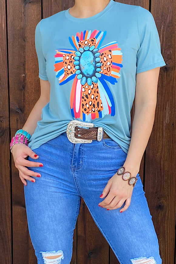 Multi color & leopard jewel printed cross short sleeve women t-shirt DLH10539